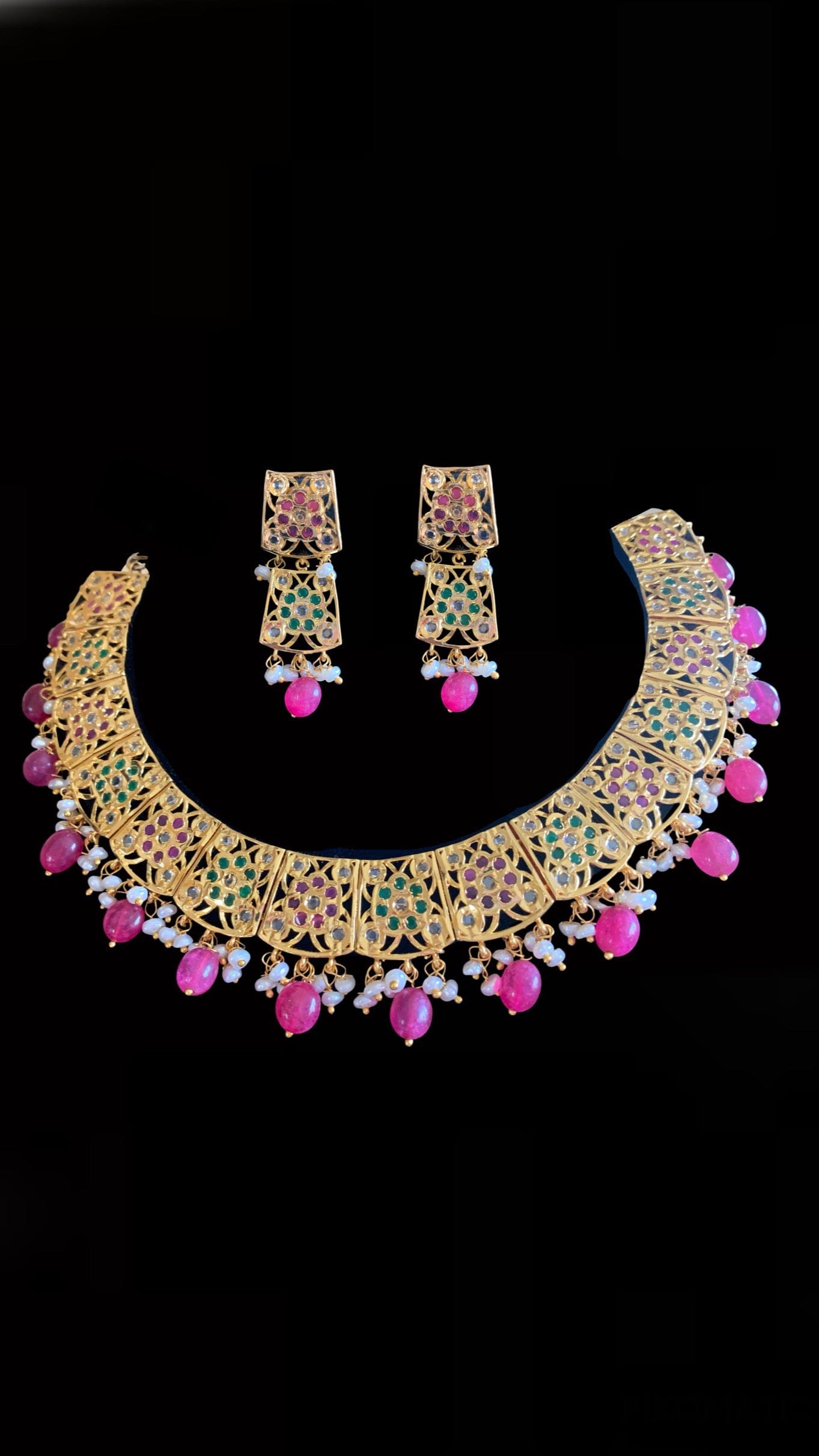 NS141 Badia ruby emerald with fresh water pearls necklace set (READY TO SHIP )