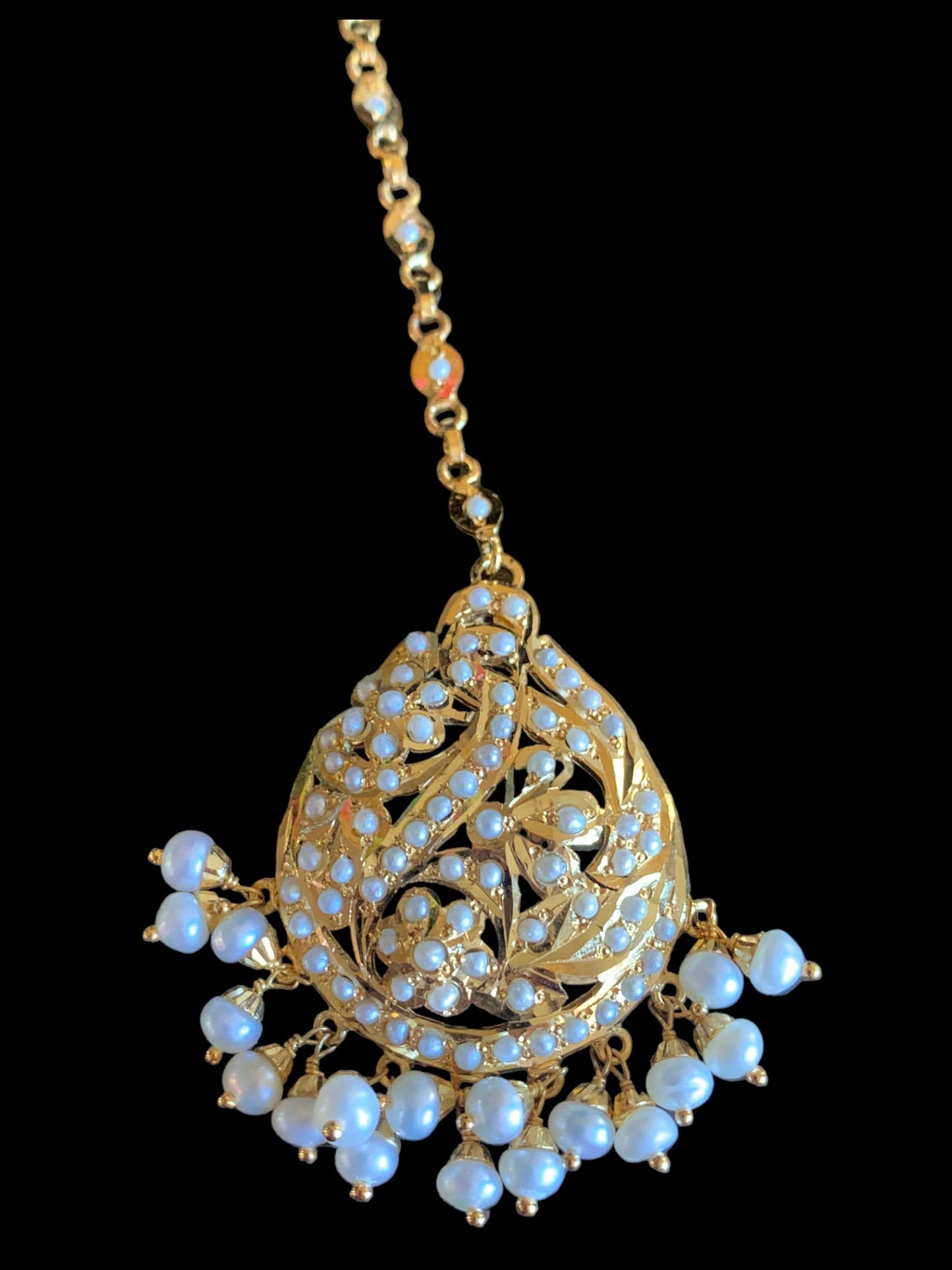 Gold plated silver tikka in fresh water pearls ( SHIPS IN 4 WEEKS  )
