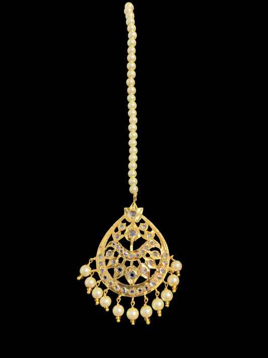 DJTK111 Ria Hyderabadi Jadau tika in golden pearls and polki