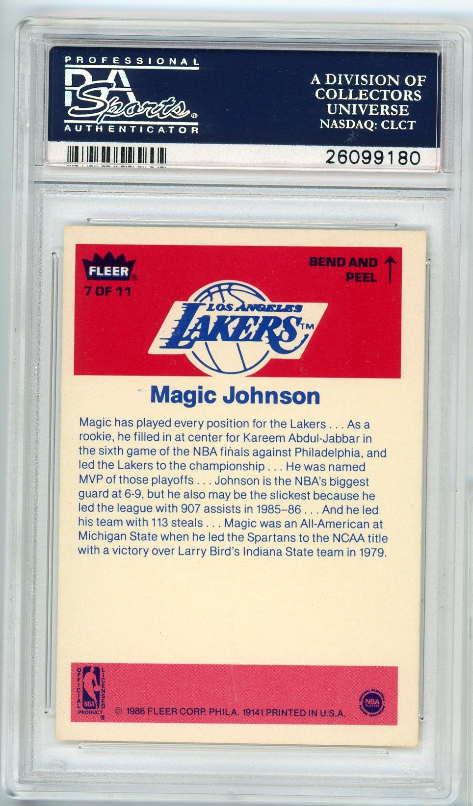 Graded 1986 Fleer Sticker Magic Johnson #7 Basketball Card PSA 7 Near Mint