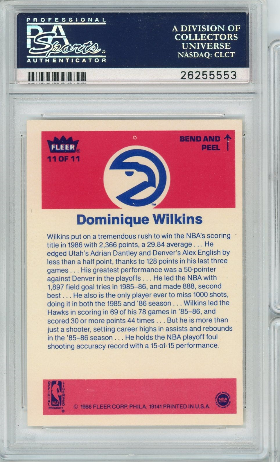 Graded 1986 Fleer Sticker Dominique Wilkins #11 Rookie RC Basketball Card PSA 7 Near Mint