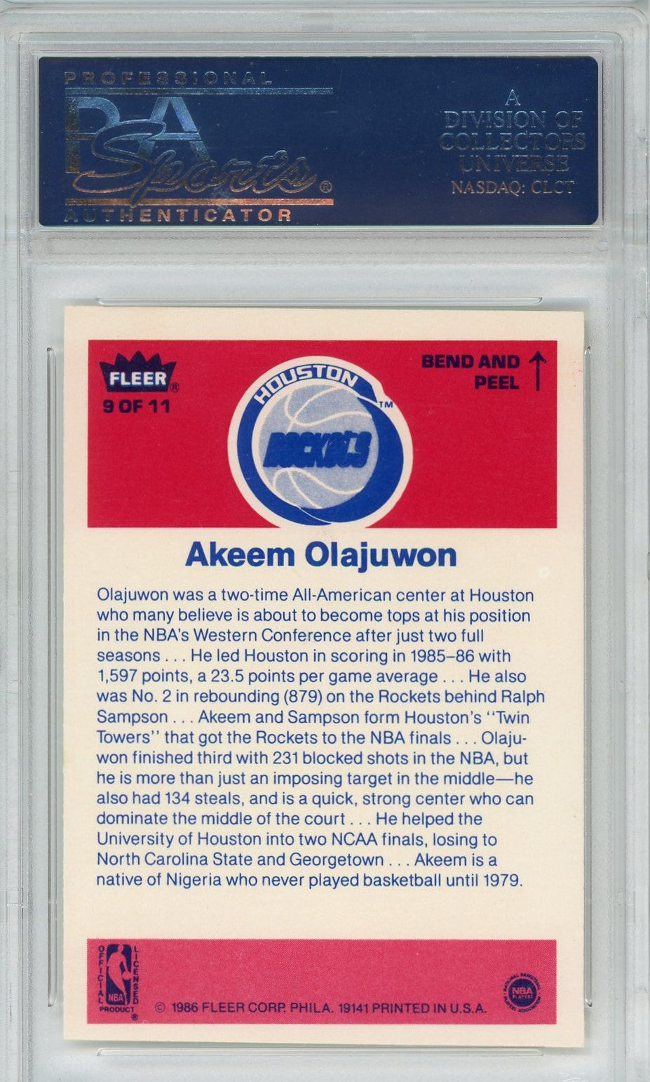 Graded 1986 Fleer Sticker Hakeem Akeem Olajuwon #9 Rookie RC Basketball Card PSA 7 Near Mint