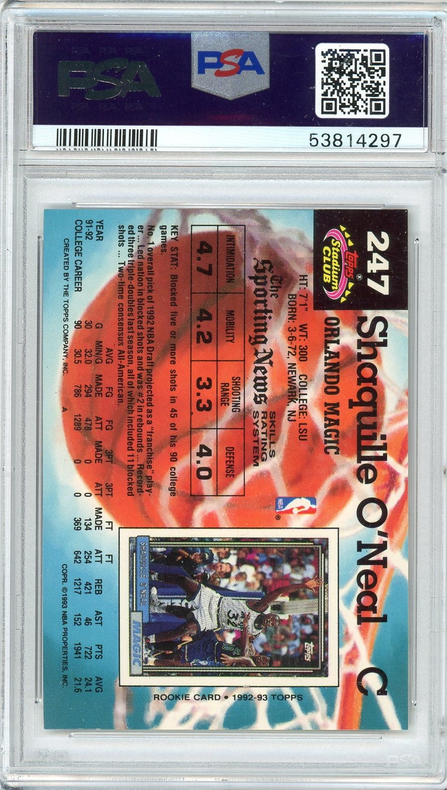 Graded 1992 Stadium Club Shaquille O'Neal #247 Rookie RC Basketball Card PSA 10 Gem Mint