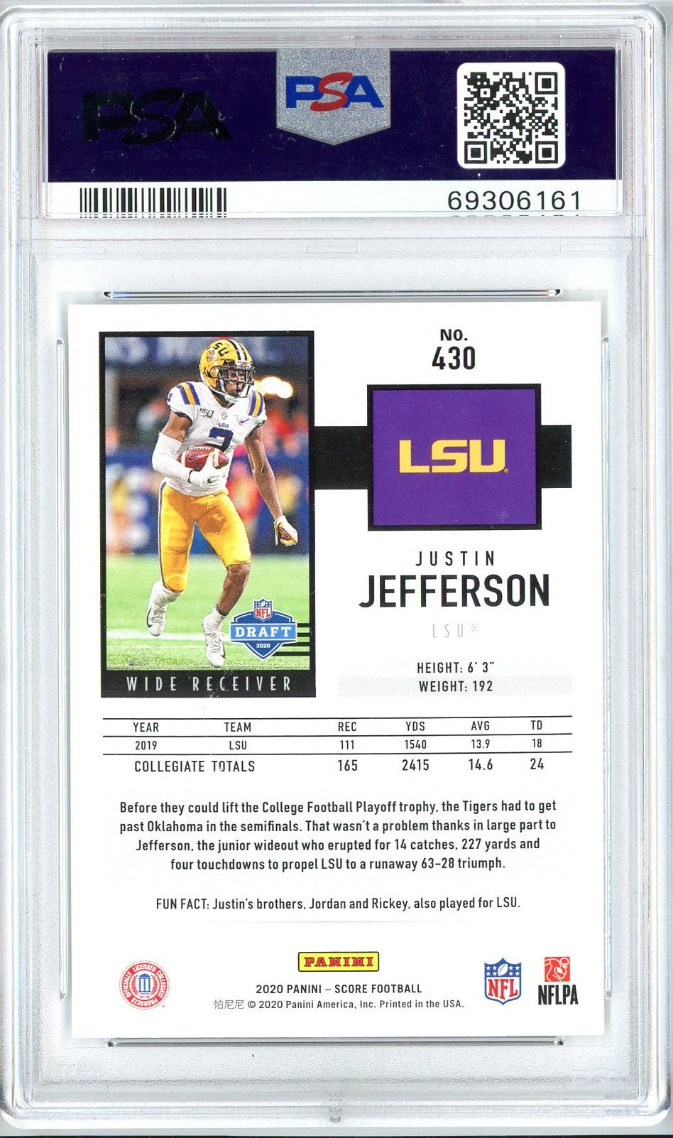 Graded 2020 Panini Score Justin Jefferson #430 Rookie RC Football Card PSA 10 Gem Mint