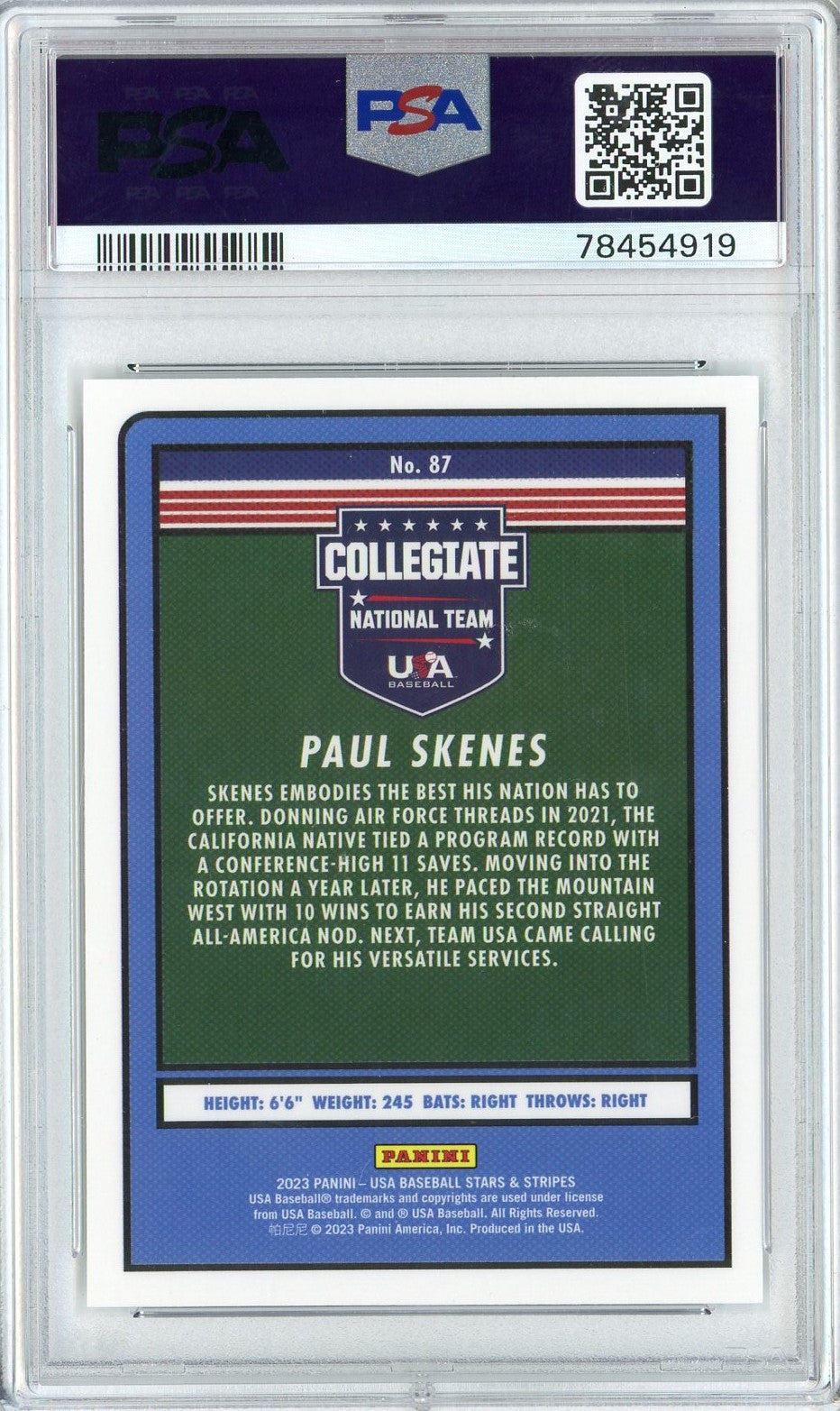 Graded 2023 Panini Stars & Stripes USA Paul Skenes #87 Rookie RC Baseball Card PSA 10 Gem Mint