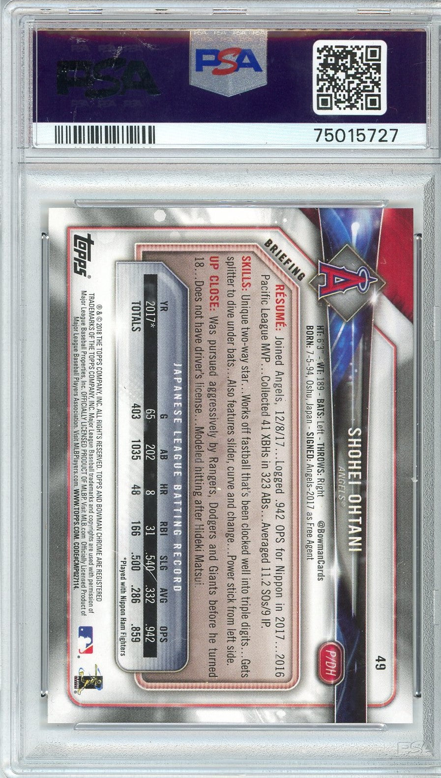 Graded 2018 Topps Bowman Shohei Ohtani #49 Rookie RC Baseball Card PSA 9 Mint