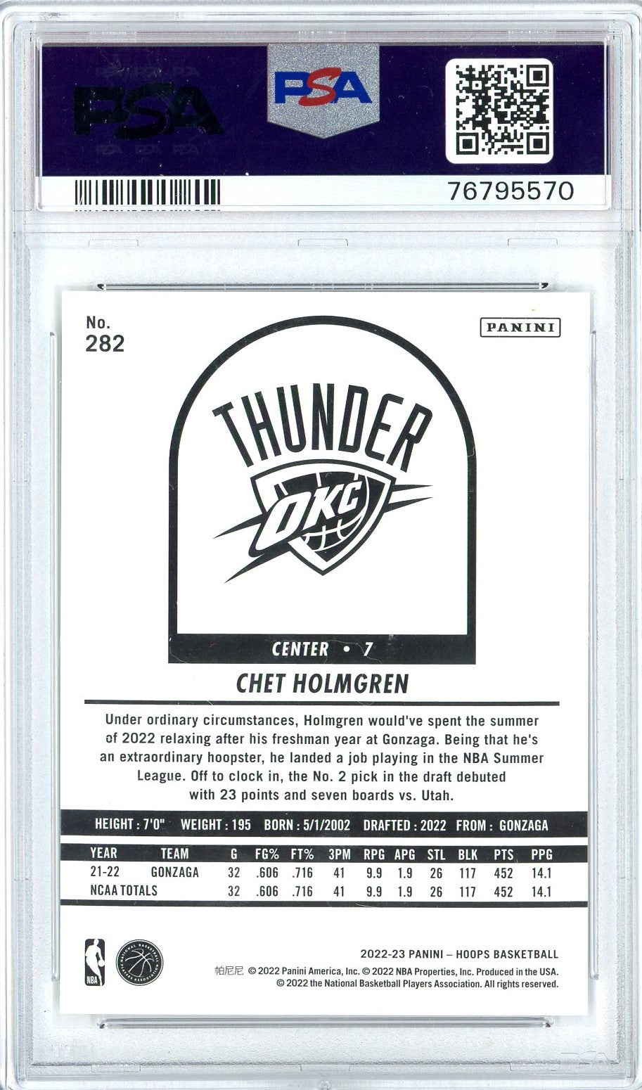 Graded 2022 Panini NBA Hoops Chet Holmgren #282 Rookie RC Basketball Card PSA 10 Gem Mint