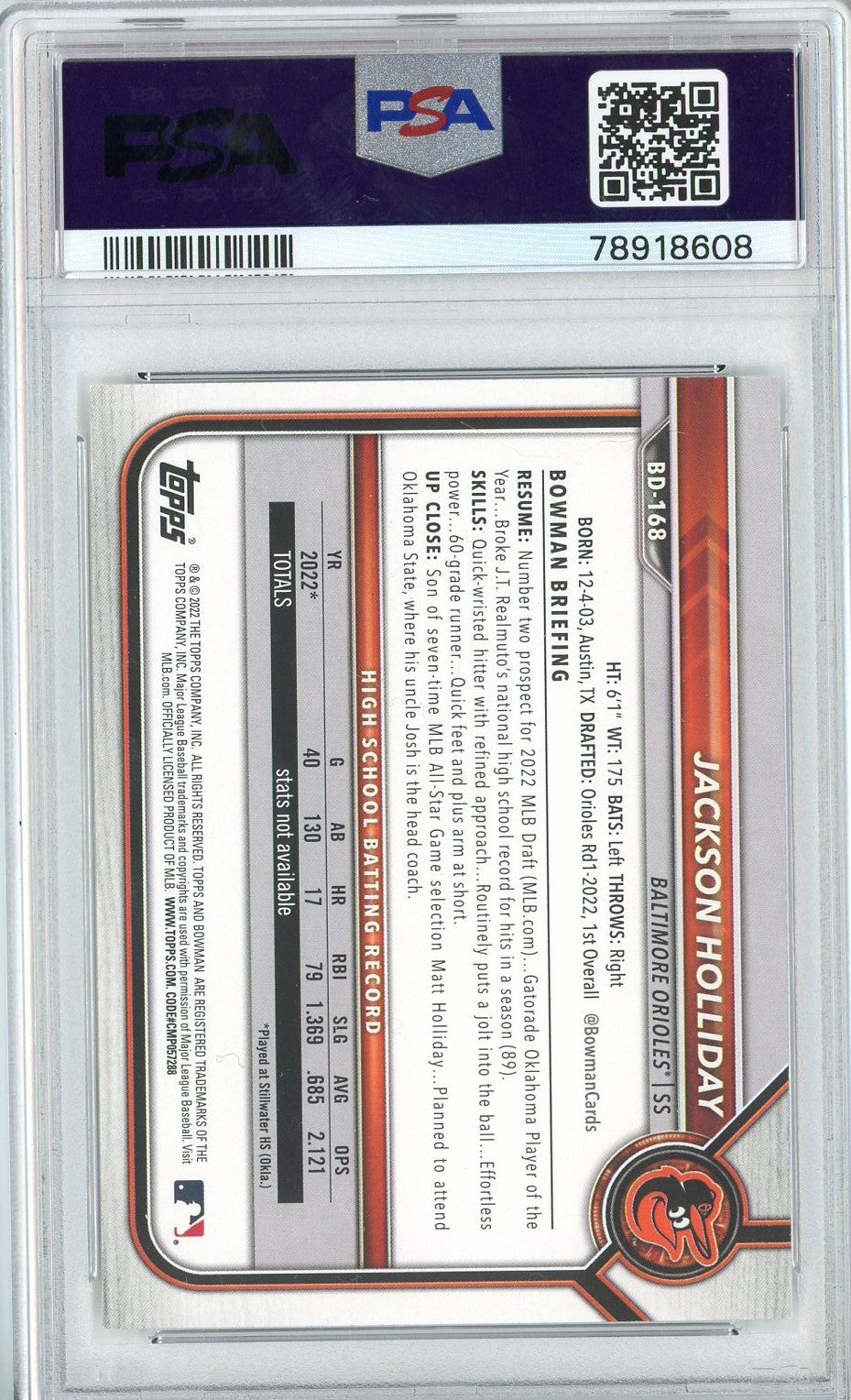 Graded 2022 Topps Bowman Draft Jackson Holliday #BD168 Rookie RC Baseball Card PSA 10 Gem Mint