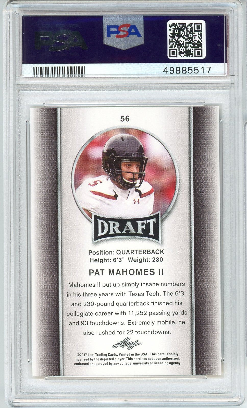 Graded 2017 Leaf Draft Patrick Mahomes II Gold #56 Rookie RC Football Card PSA 10 Gem Mint