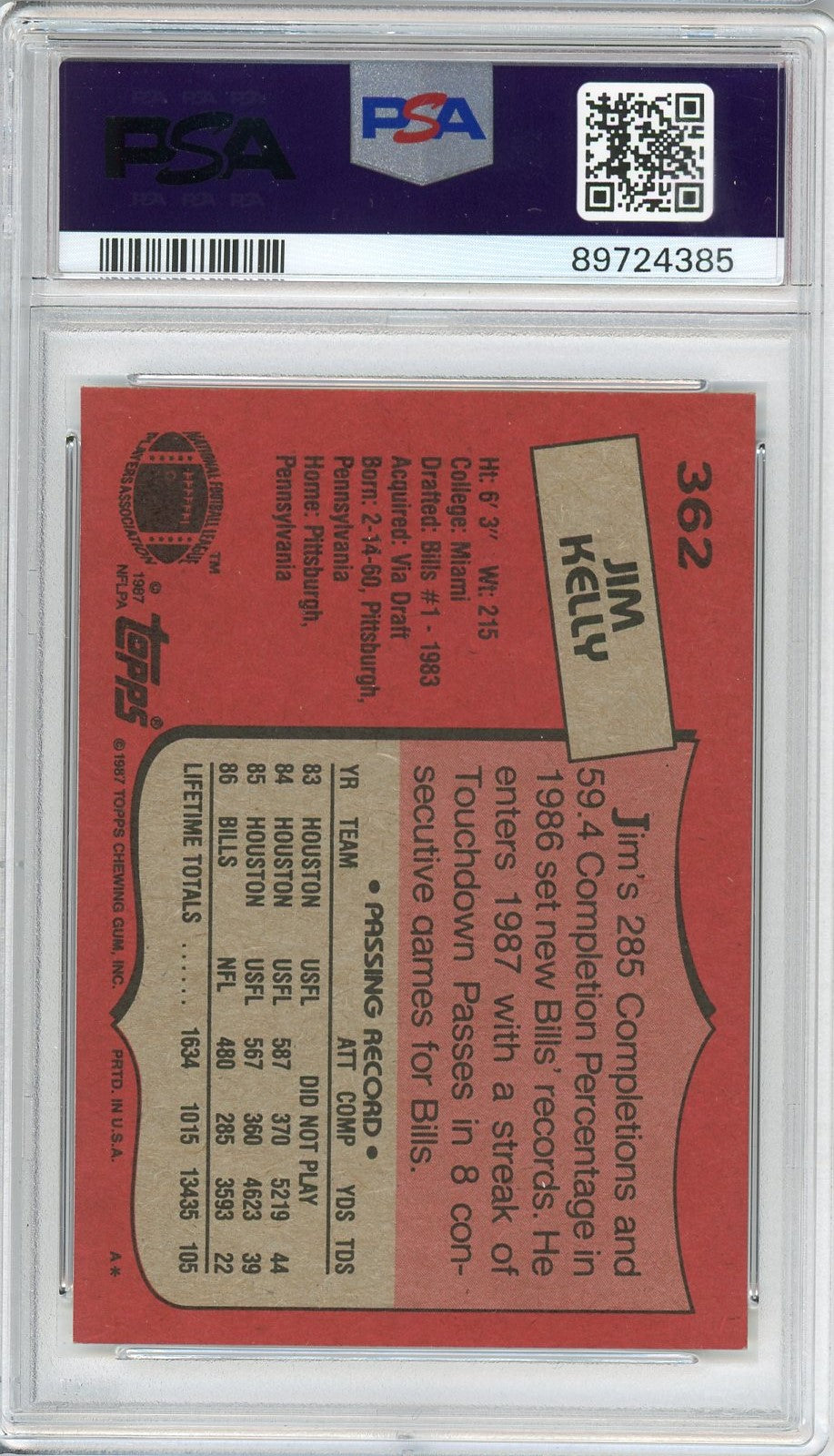 Graded 1987 Topps Jim Kelly #362 Rookie RC Football Card PSA 9 Mint
