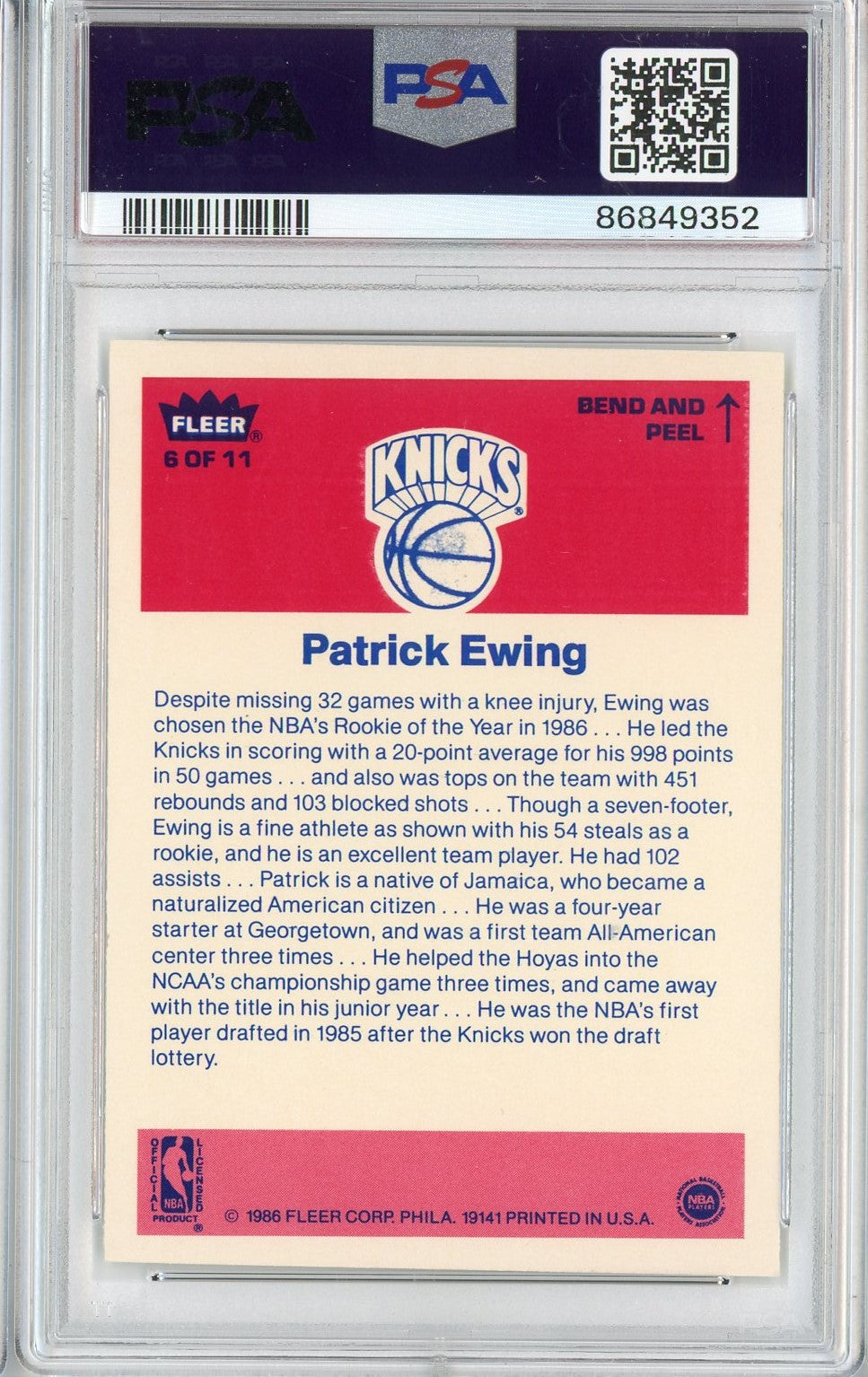 Graded 1986 Fleer Sticker Patrick Ewing #6 Rookie RC Basketball Card PSA 7 Near Mint