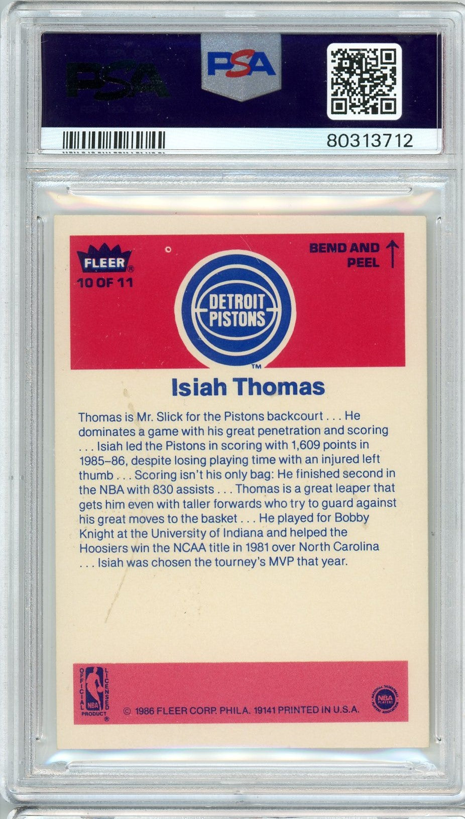 Graded 1986 Fleer Sticker Isiah Thomas #10 Rookie RC Basketball Card PSA 5 Excellent