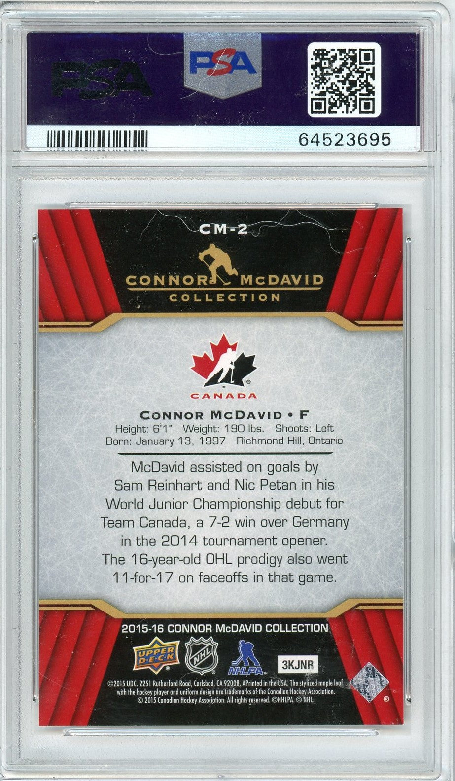 Graded 2015 Upper Deck Connor McDavid #CM-2 Connor McDavid Collection Rookie RC Hockey Card PSA 10 Gem Mint