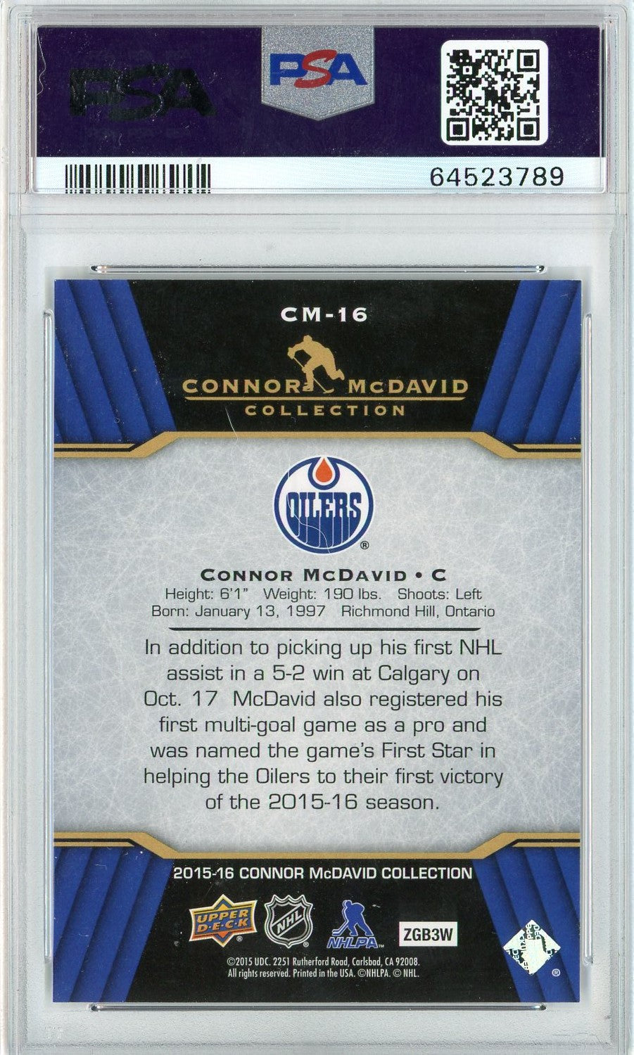 Graded 2015 Upper Deck Connor McDavid #CM-16 Connor McDavid Collection Rookie RC Hockey Card PSA 10 Gem Mint