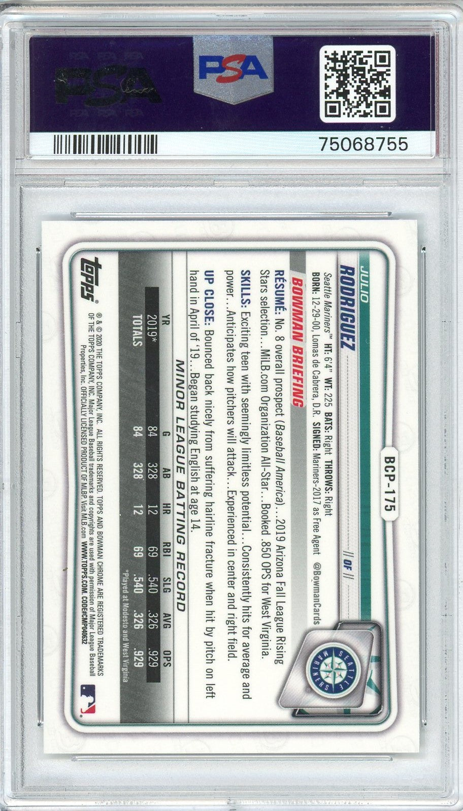 Graded 2020 Topps Bowman Chrome Julio Rodriguez #BCP175 Prospects RC Baseball Card PSA 10 Gem Mint