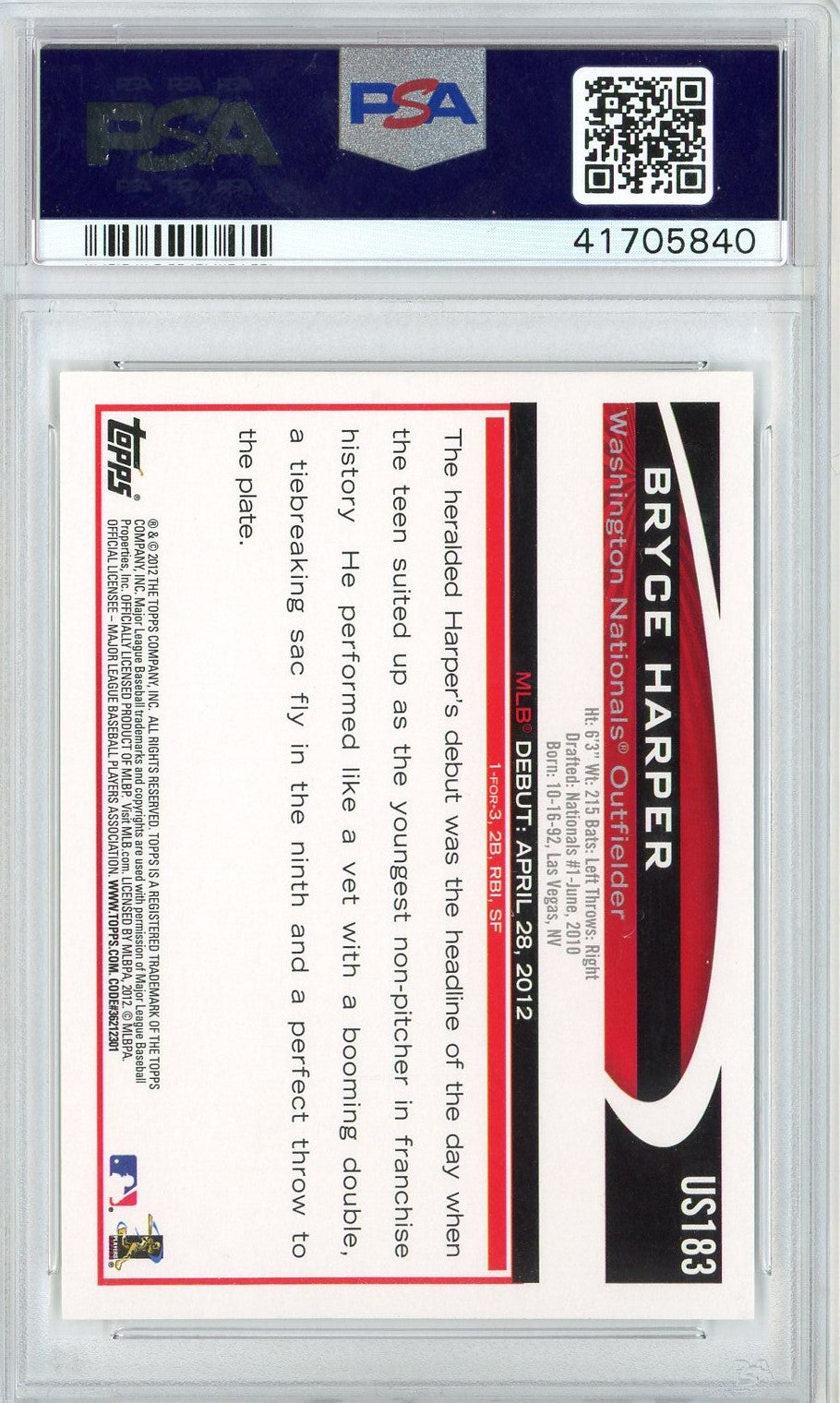 Graded 2012 Topps Update Bryce Harper #US183 Rookie RC Baseball Card PSA 10 Gem Mint