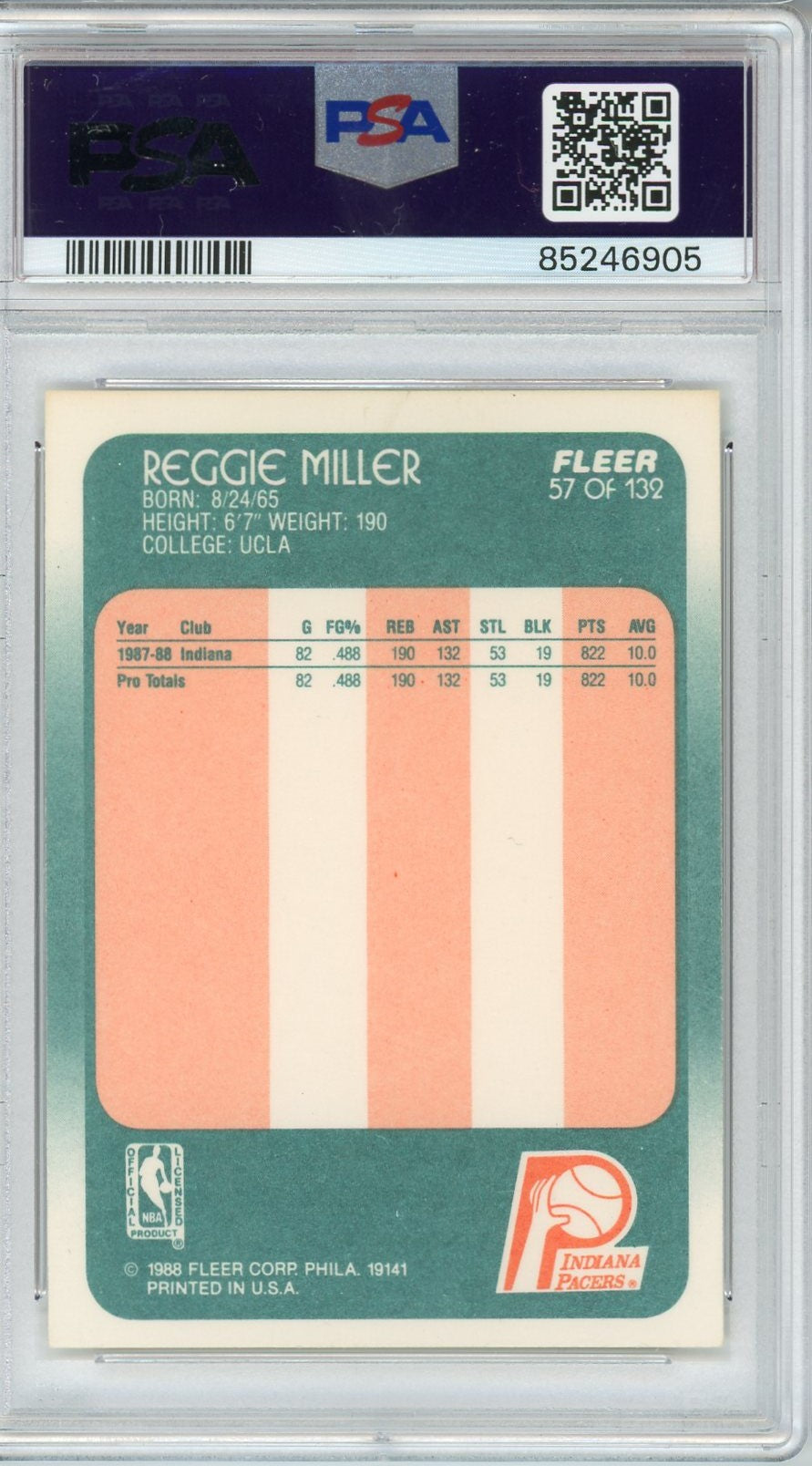 Graded 1988 Fleer Reggie Miller #57 Rookie RC Basketball Card PSA 8 NM-MT