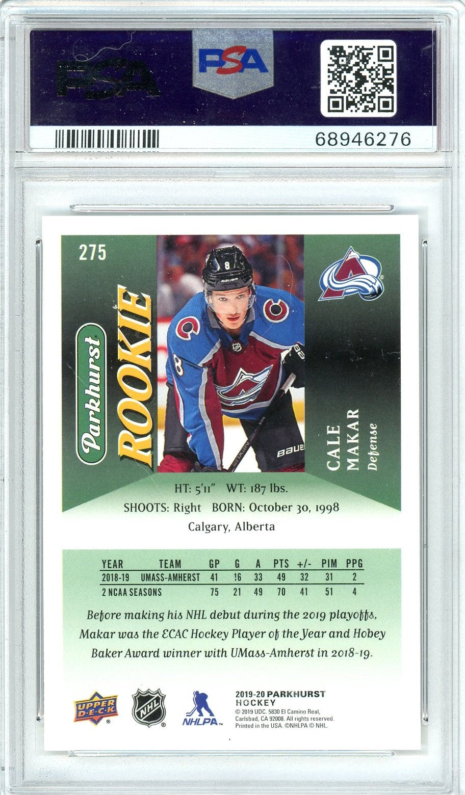 Graded 2019 Upper Deck Parkhurst Cale Makar #275 Rookie RC Hockey Card PSA 10 Gem Mint