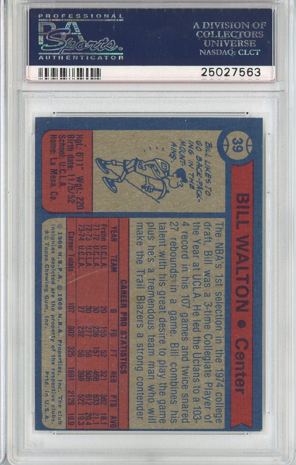 Graded 1974 Topps Bill Walton #39 Rookie RC Basketball Card PSA 6 EX-MT