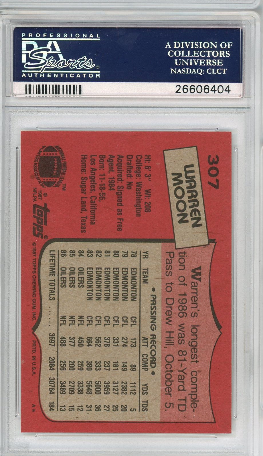 Graded 1987 Topps Warren Moon #307 Football Card PSA 10 Gem Mint