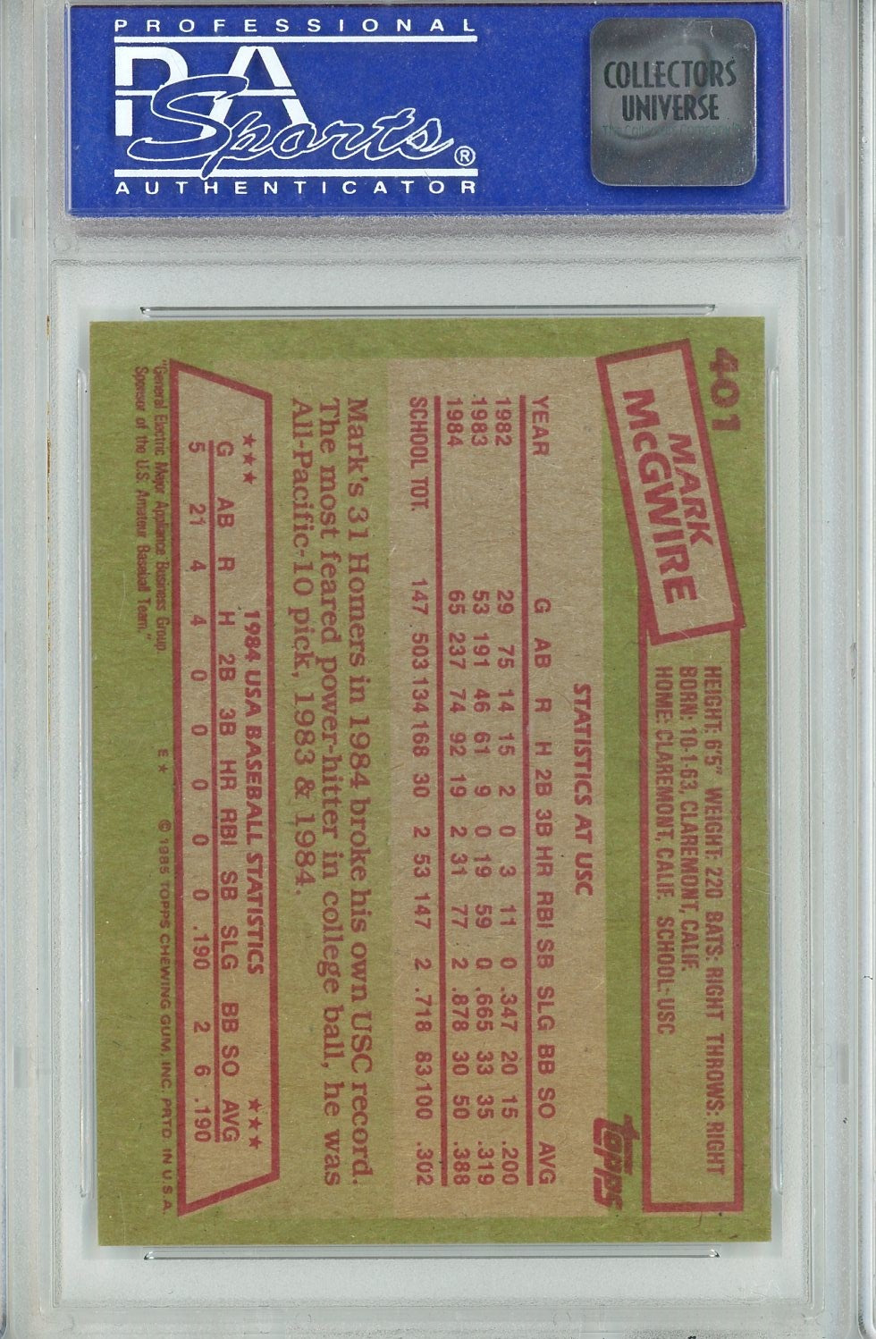Graded 1985 Topps USA Baseball Team Mark McGwire #401 Rookie RC Baseball Card PSA 8 NM-MT