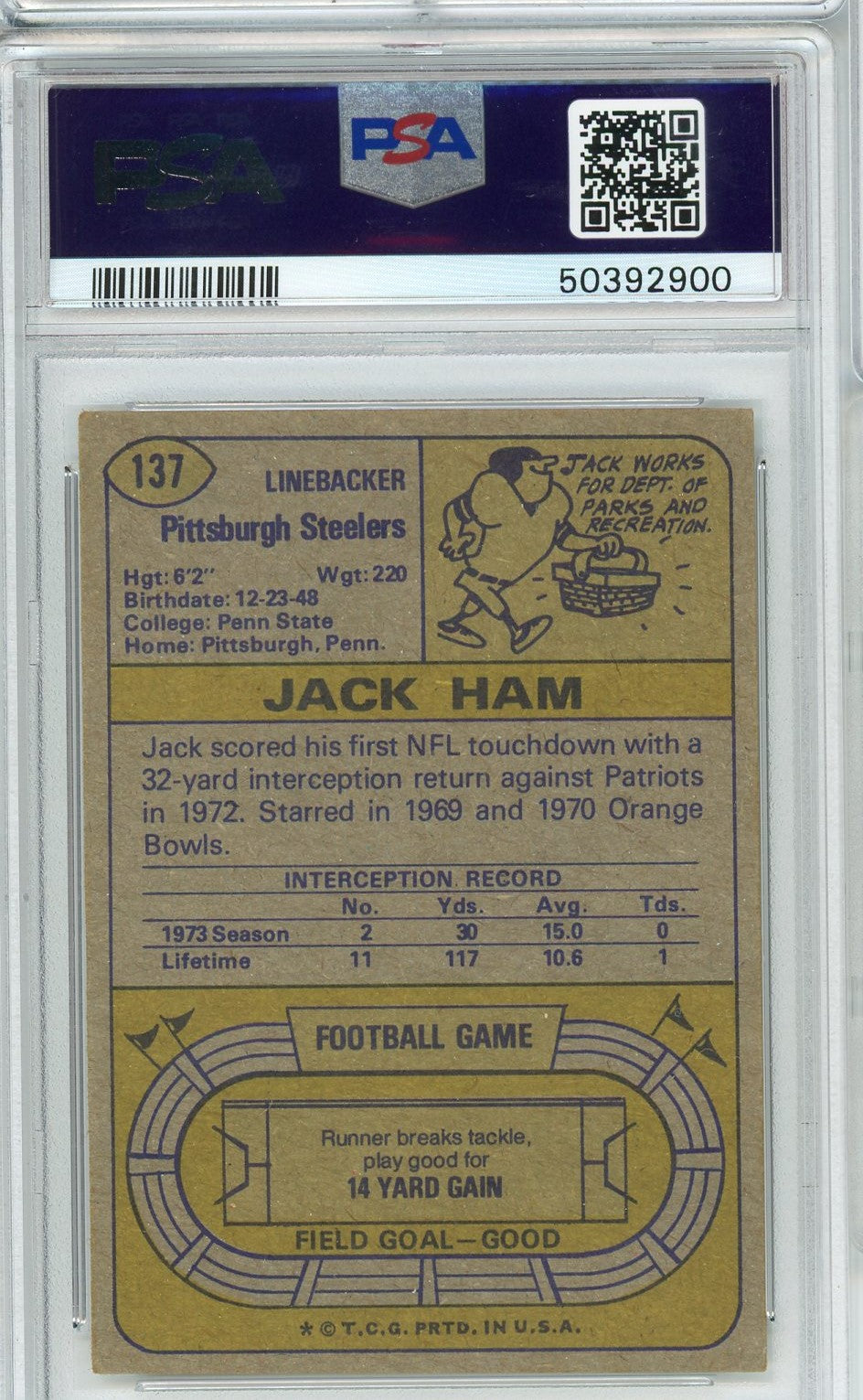 Graded 1974 Topps Jack Ham #137 2nd Year Football Card PSA 3.5 VG+