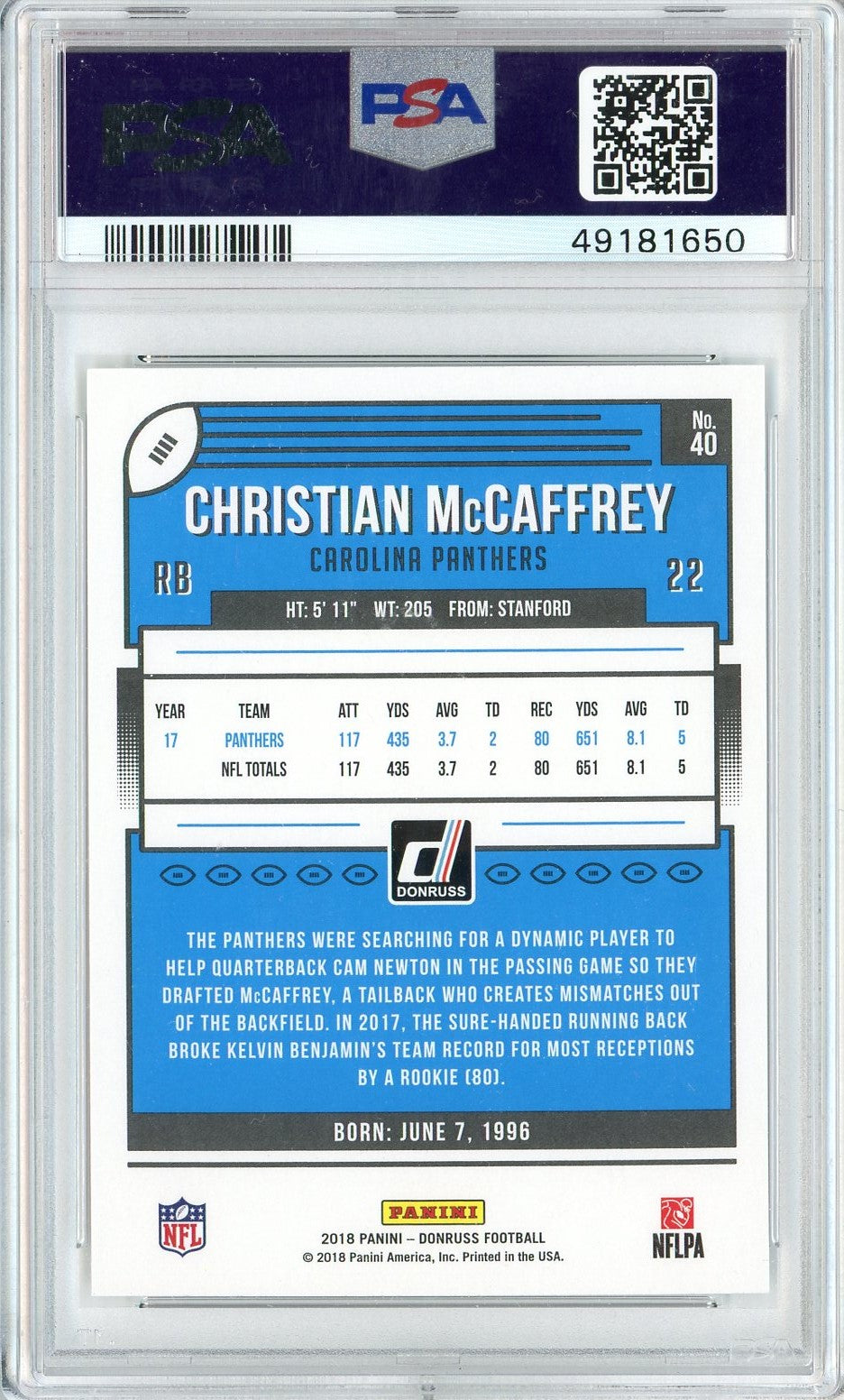 Graded 2018 Panini Donruss Christian McCaffrey #40 Football Card PSA 10 Gem Mint