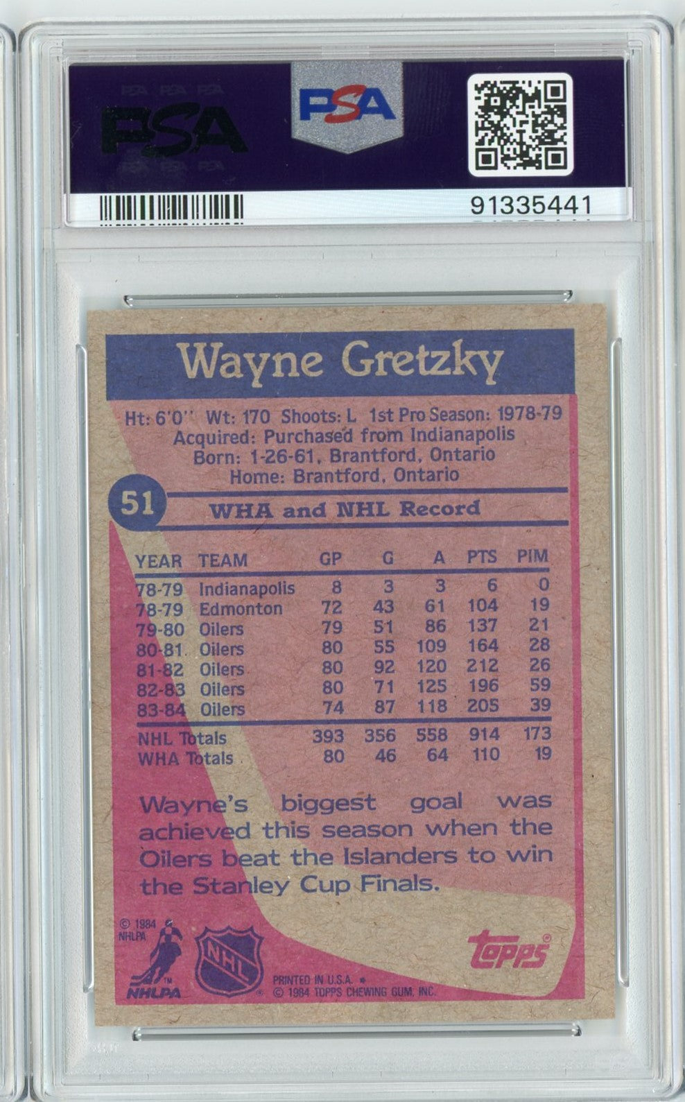 Graded 1984 Topps Wayne Gretzky #51 Hockey Card PSA 9 Mint