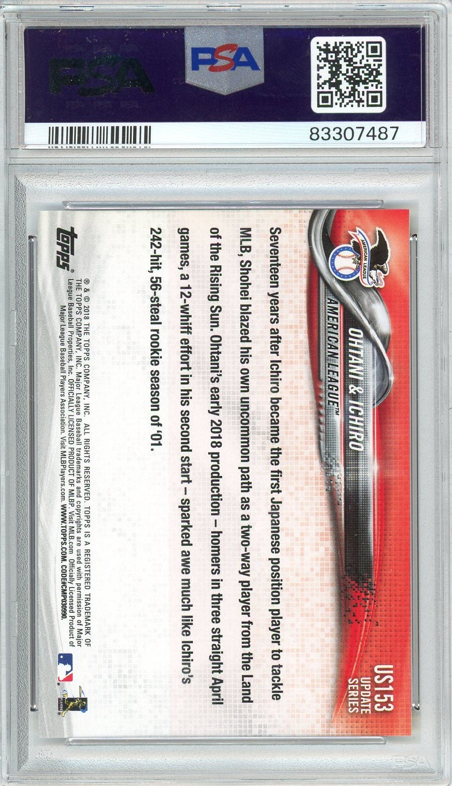 Graded 2018 Topps Update Shohei Ohtani/Ichiro Suzuki #US153 Rookie RC Baseball Card PSA 10 Gem Mint