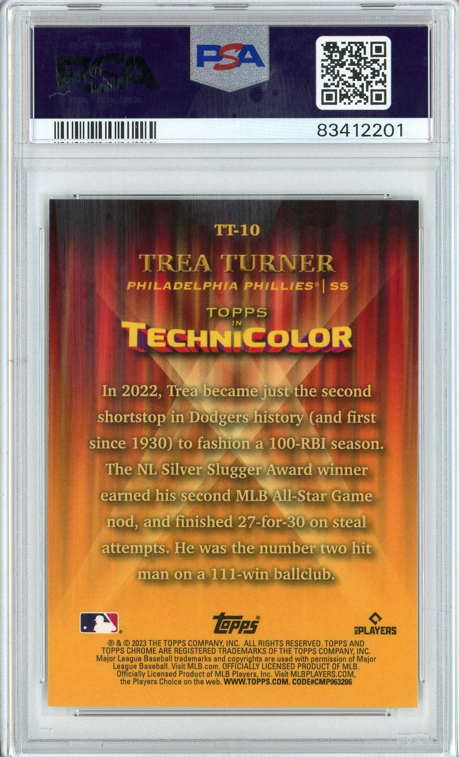 Graded 2023 Topps Chrome Trea Turner #TT10 Topps In Technicolor Misprint Rookie RC Baseball Card PSA 10 Gem Mint