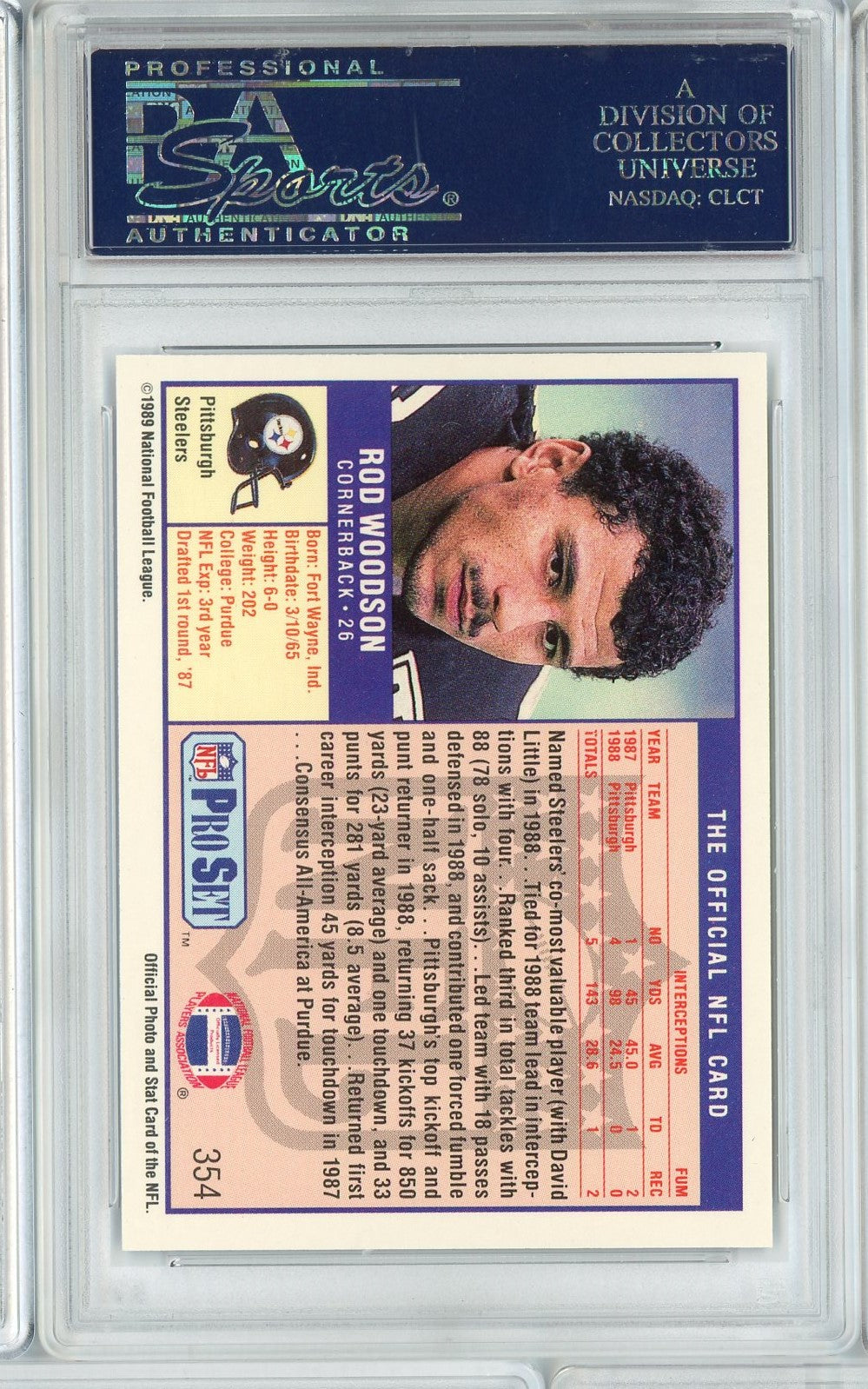 Graded 1989 Pro Set Rod Woodson #354 Rookie RC Football Card PSA 10 Gem Mint
