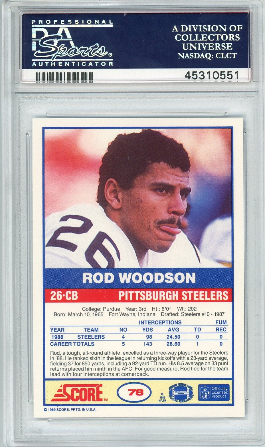 Graded 1989 Score Rod Woodson #78 Rookie RC Football Card PSA 10 Gem Mint