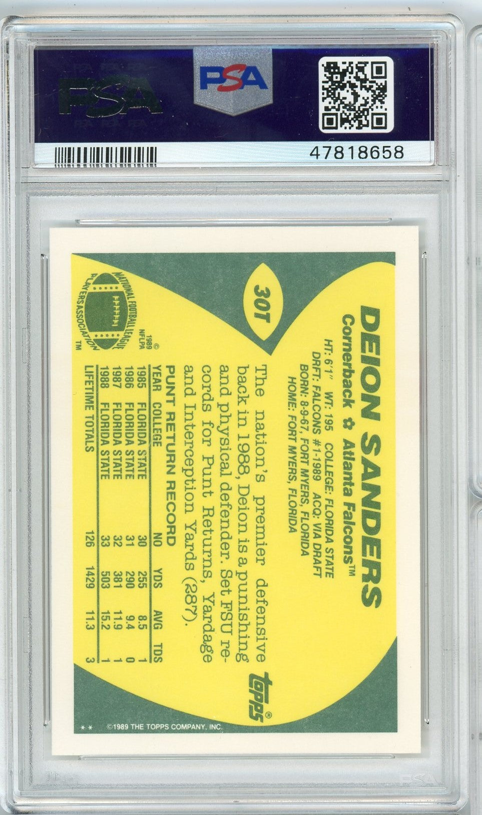 Graded 1989 Topps Traded Deion Sanders #30T Rookie RC Football Card PSA 9 Mint