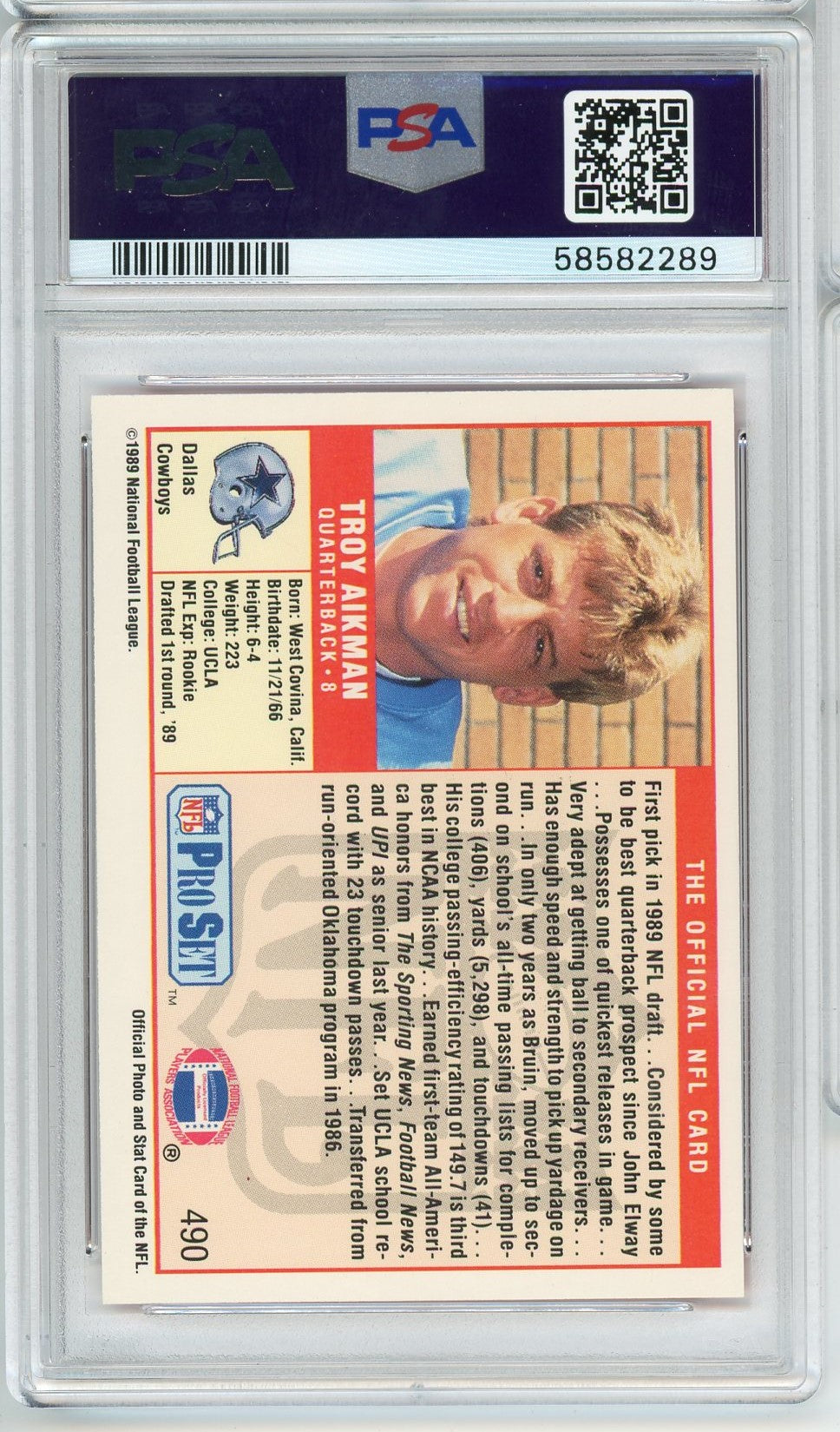 Graded 1989 Pro Set Troy Aikman #490 Rookie RC Football Card PSA 9 Mint