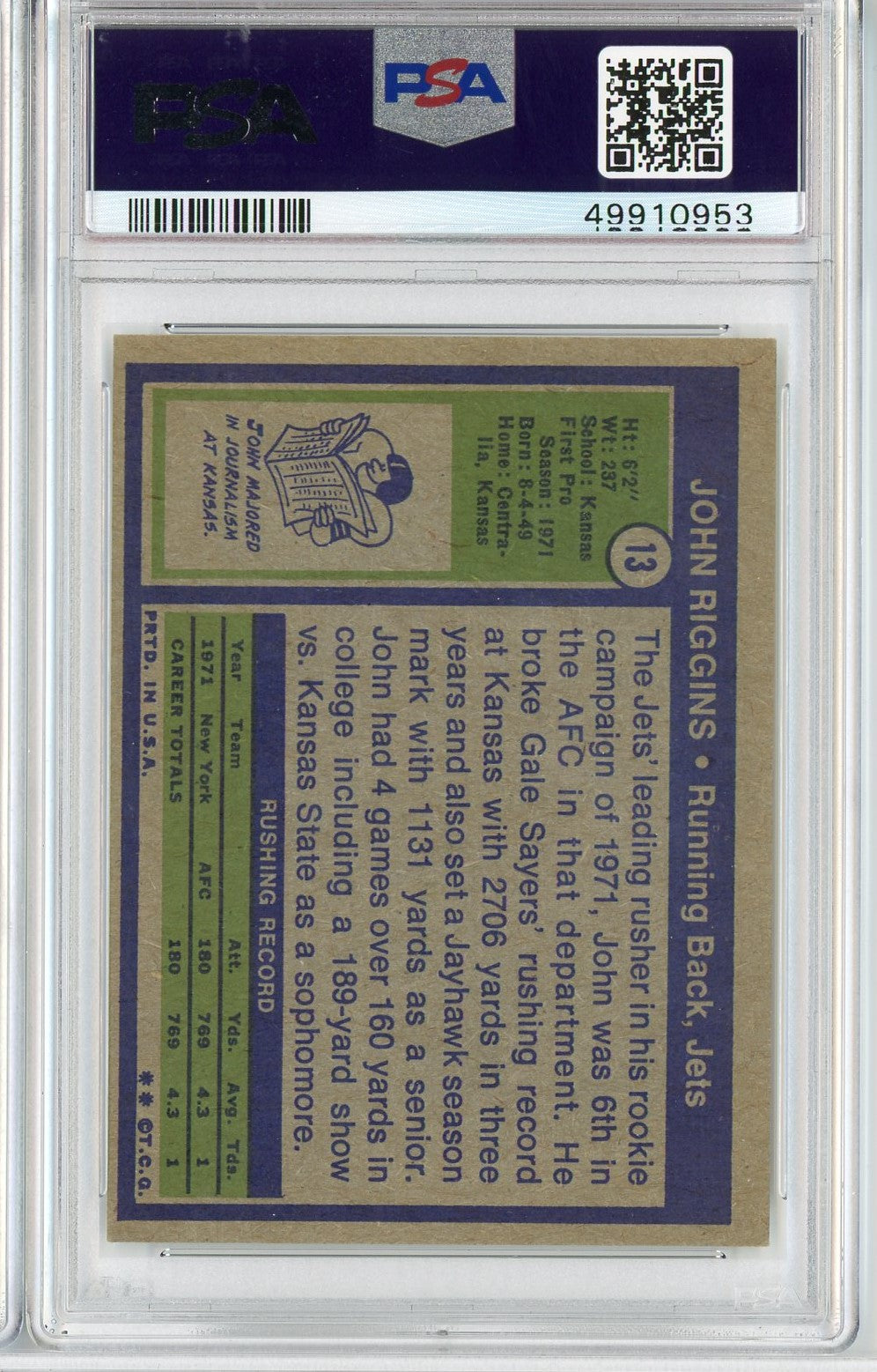 Graded 1972 Topps John Riggins #13 Rookie RC Football Card PSA 6 EX-MT