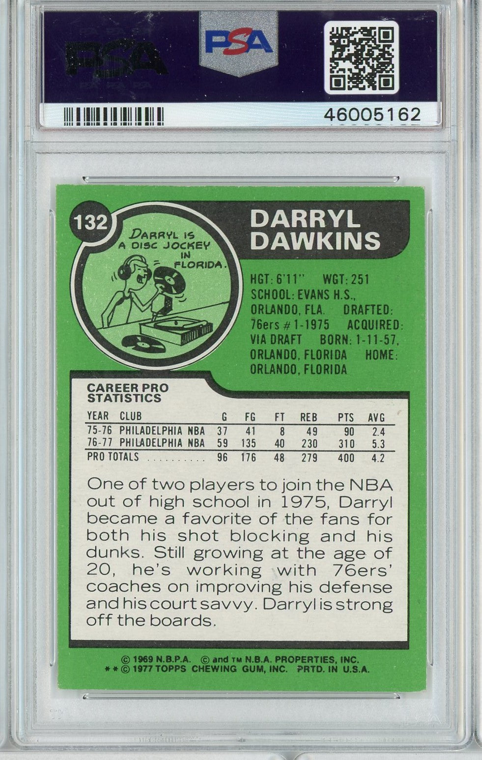 Graded 1977 Topps Darryl Dawkins #132 Rookie RC Basketball Card PSA 7 Near Mint