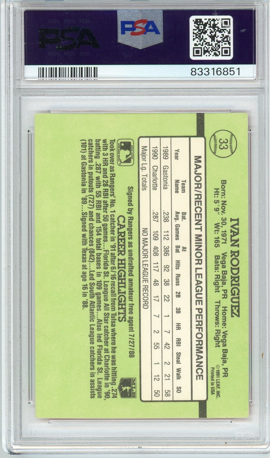 Graded 1991 Donruss Ivan Pudge Rodriguez #33 Rookie RC Baseball Card PSA 10 Auto Grade Gem Mint