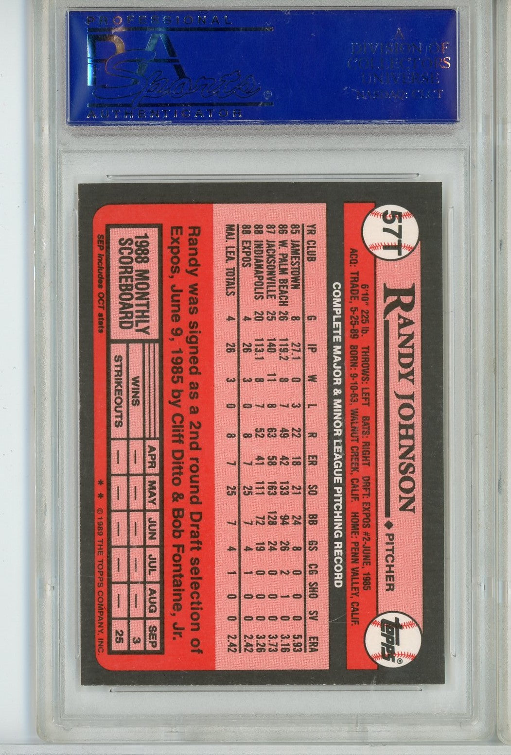 Graded 1989 Topps Traded Randy Johnson #57T Rookie RC Baseball Card PSA 9 Mint