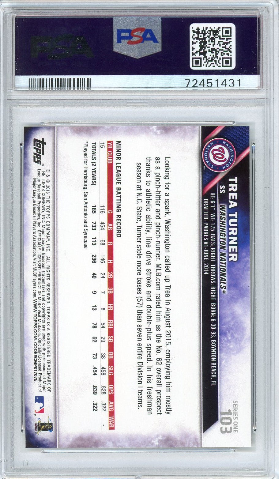 Graded 2016 Topps Trea Turner #103 Rookie RC Baseball Card PSA 10 Gem Mint