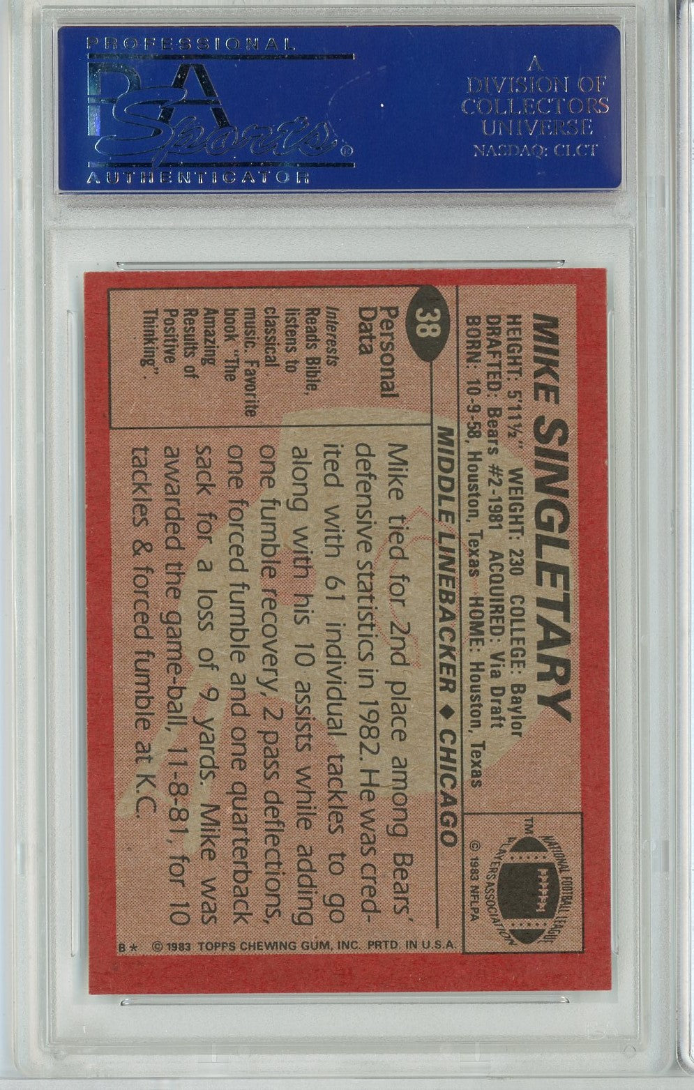 Graded 1983 Topps Mike Singletary #38 Rookie RC Football Card PSA 9 Mint