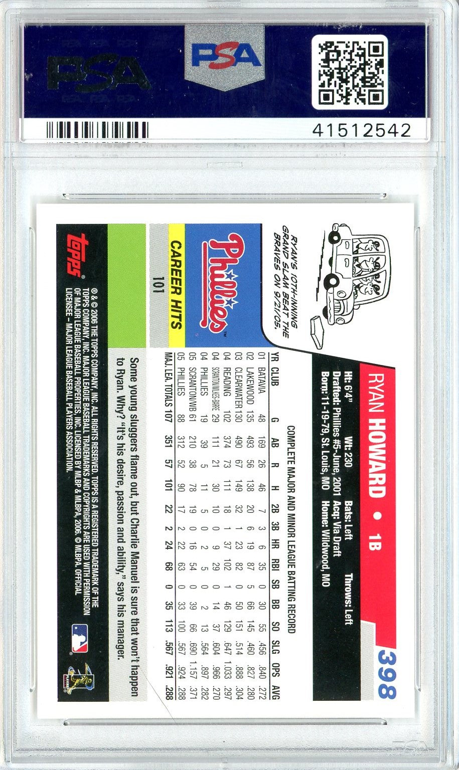 Graded 2006 Topps Ryan Howard #398 Baseball Card PSA 10 Gem Mint
