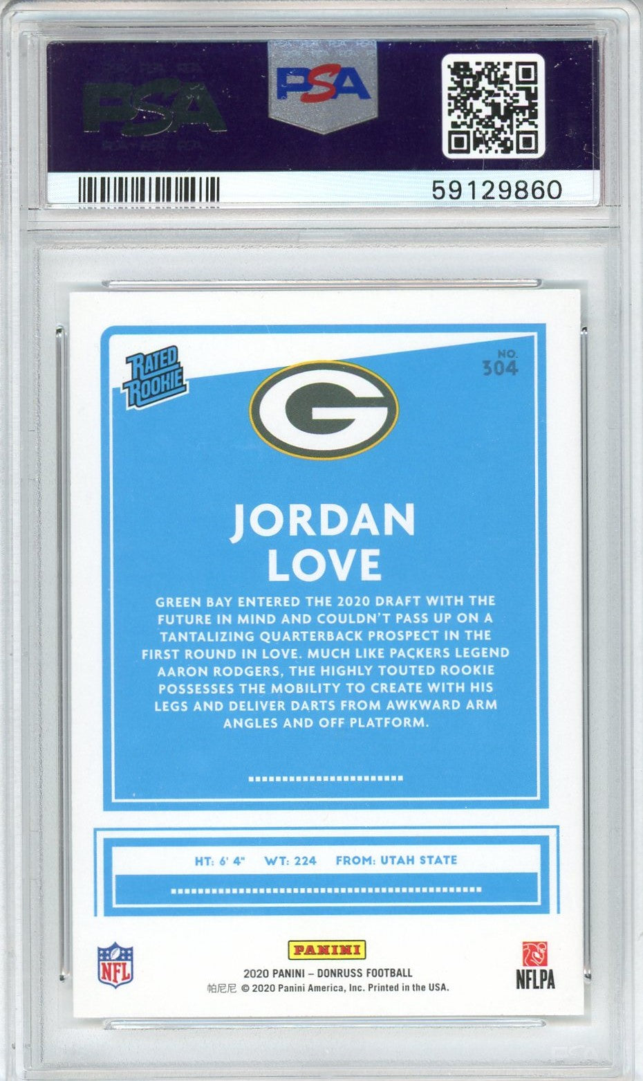 Graded 2020 Panini Donruss Jordan Love #304 Rookie RC Football Card PSA 10 Gem Mint