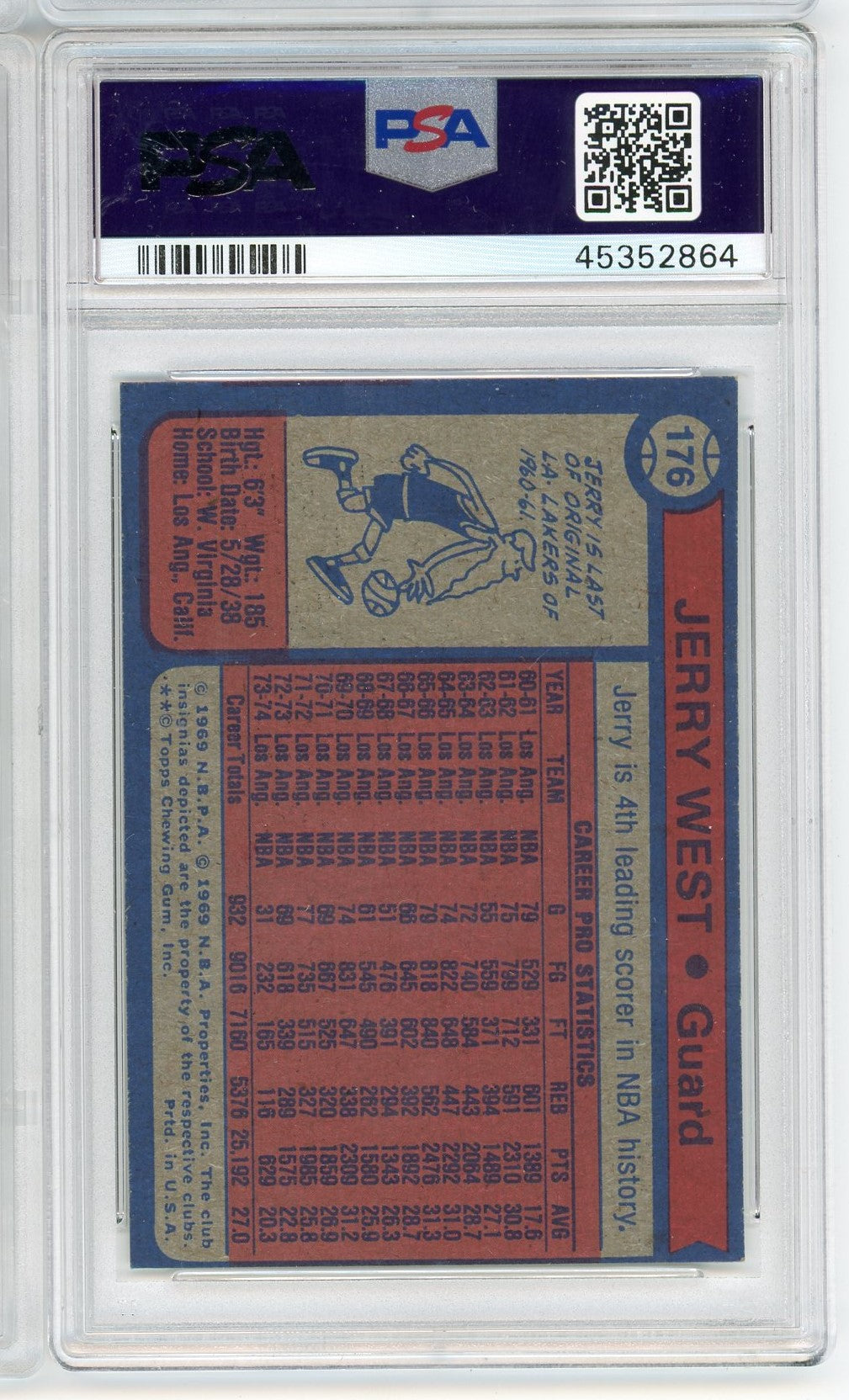 Graded 1974 Topps Jerry West #176 Basketball Card PSA 8 NM-MT