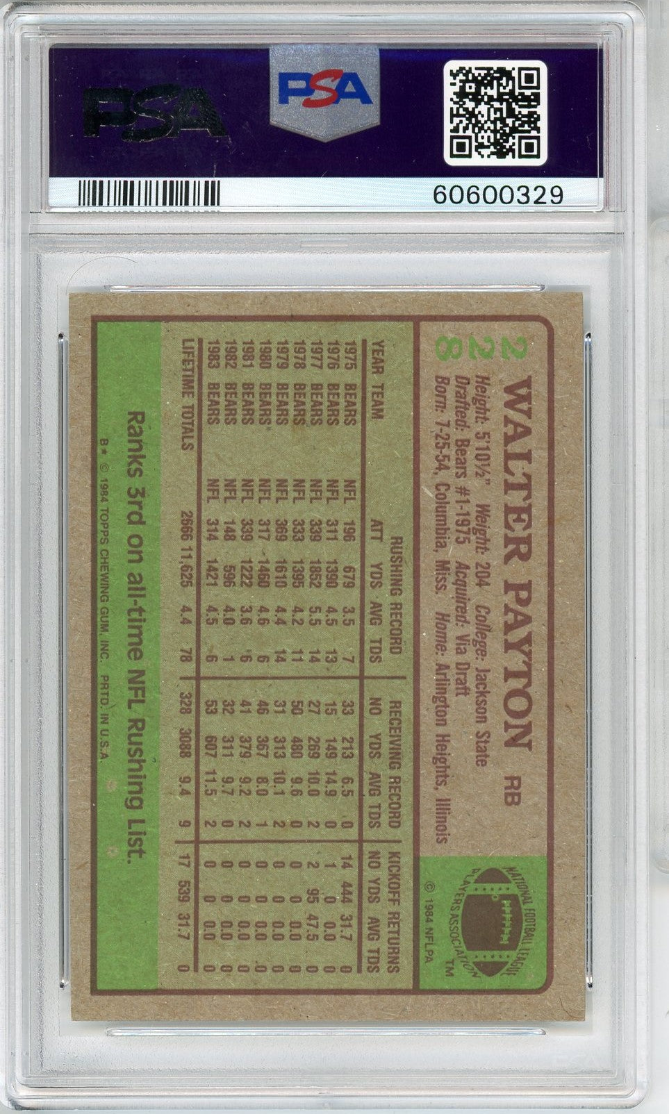 Graded 1984 Topps Walter Payton #228 Football Card PSA 8 NM-MT