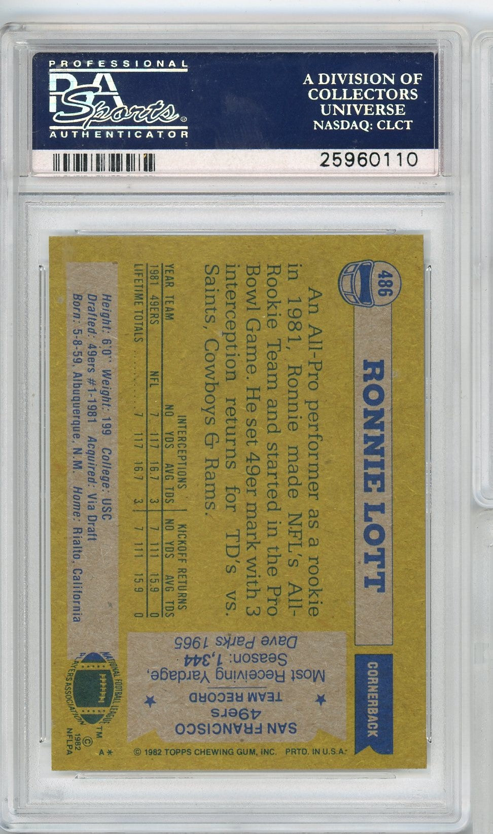 Graded 1982 Topps Ronnie Lott #486 Rookie RC Football Card PSA 8 NM-MT
