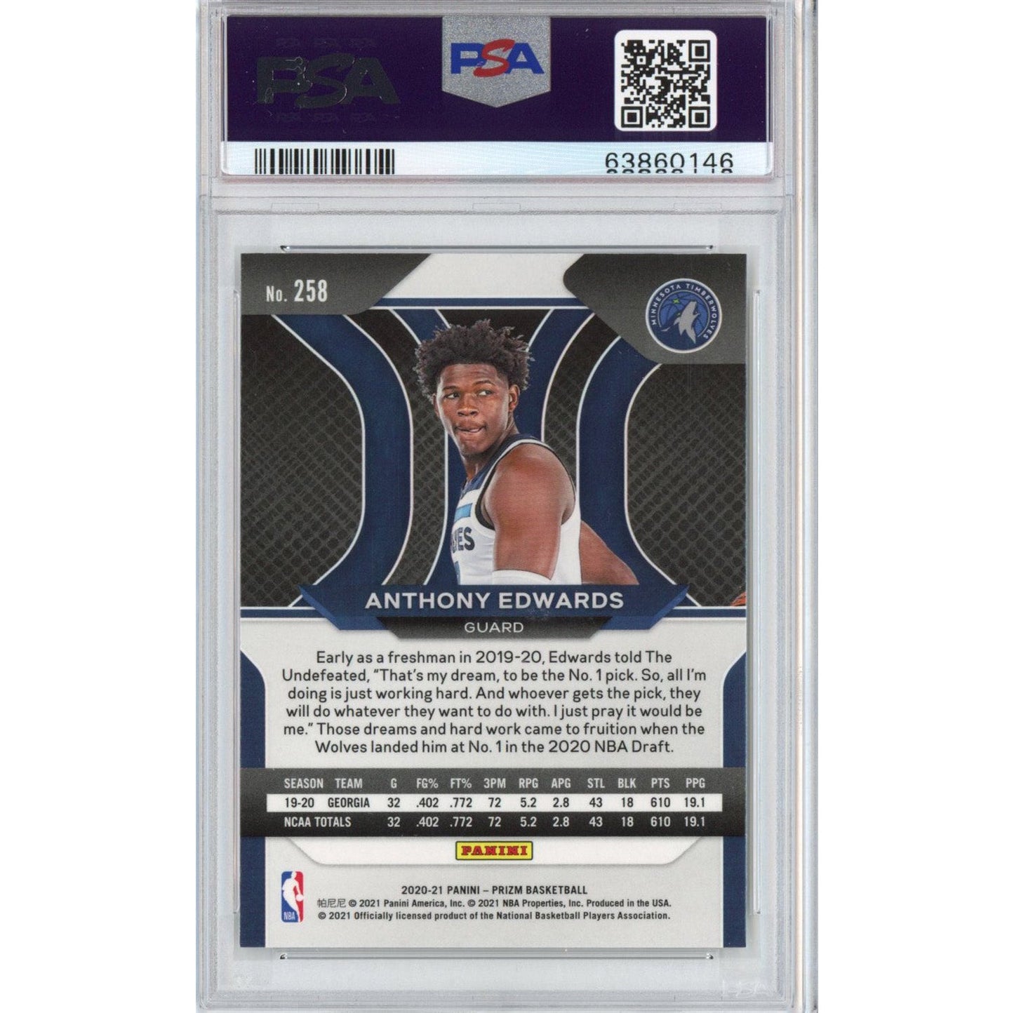 Graded 2020-21 Panini Prizm Anthony Edwards #258 Rookie RC Basketball Card PSA 10 Gem Mint