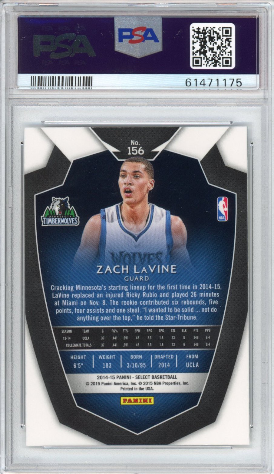 Graded 2014-15 Panini Select Zach LaVine #156 Rookie RC Basketball Card PSA 10 Gem Mint