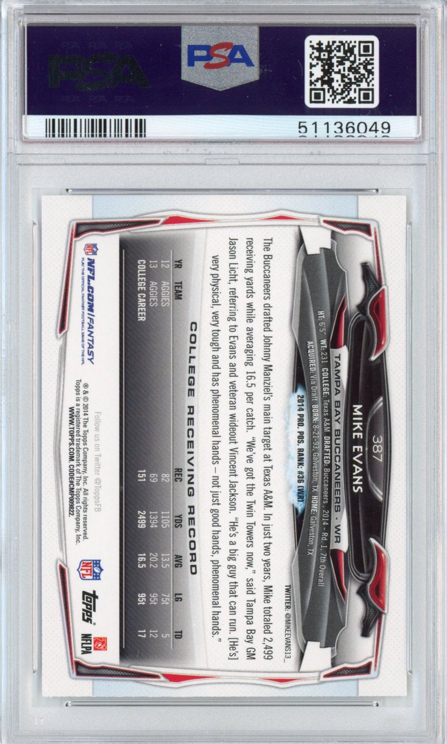 Graded 2014 Topps Mike Evans #387 Ball in Right Hand Rookie RC Football Card PSA 10 Gem Mint