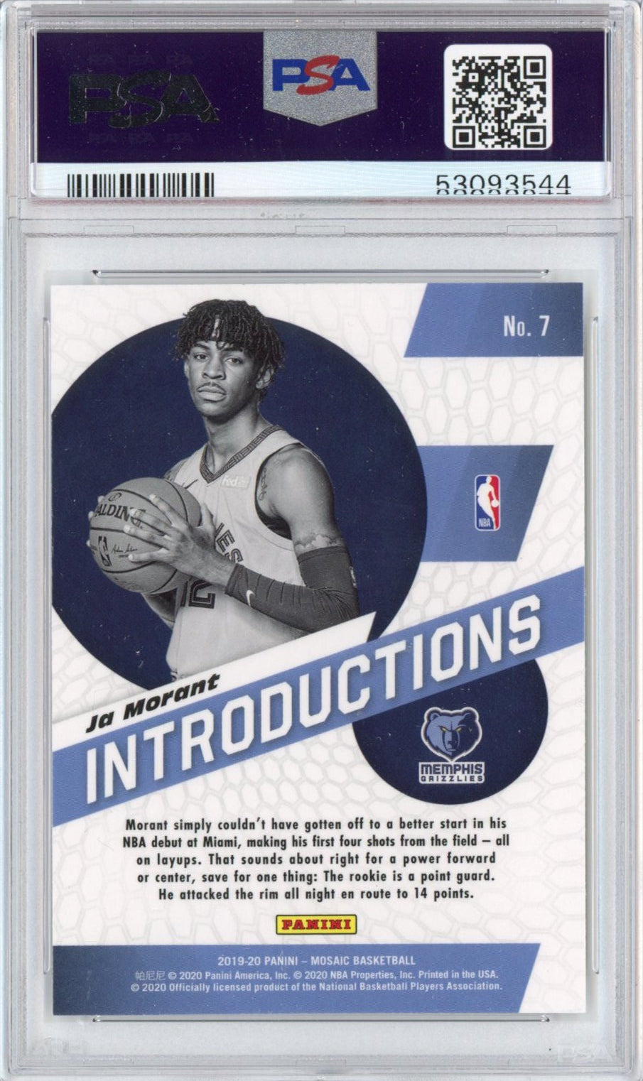 Graded 2019-20 Panini Mosaic Ja Morant #7 Introductions Rookie RC Basketball Card PSA 10 Gem Mint