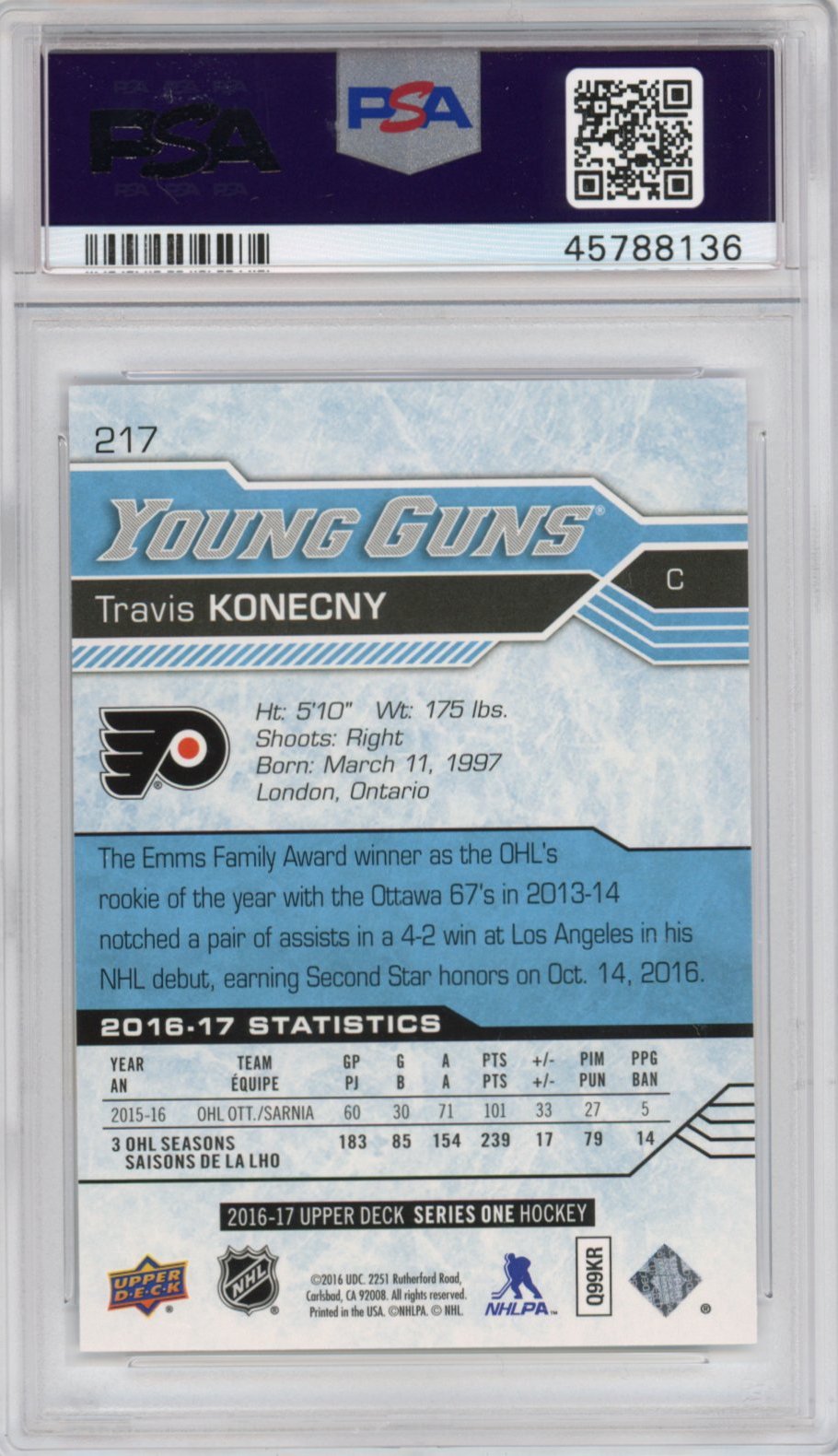 Graded 2016-17 Upper Deck UD Travis Konecny #217 Rookie RC Hockey Card PSA 10 Gem Mint